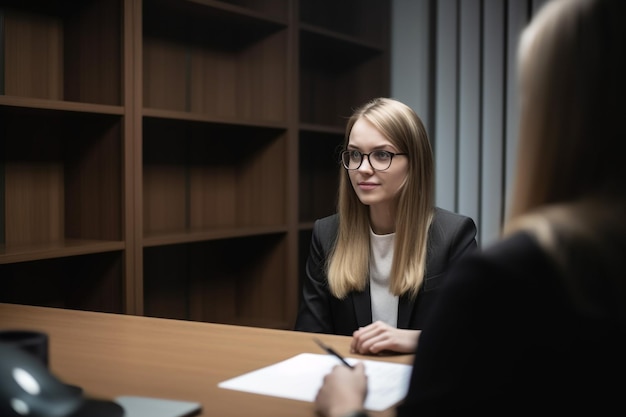 A woman sits at a desk in a meeting room and talks to a woman.