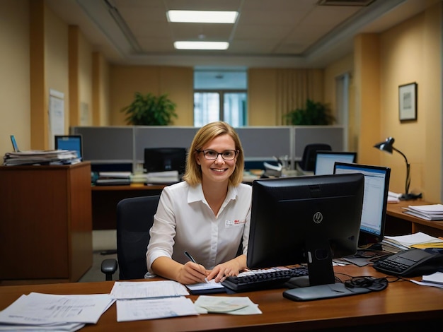 a woman sits at a desk in an office with a computer and a folder with papers on it