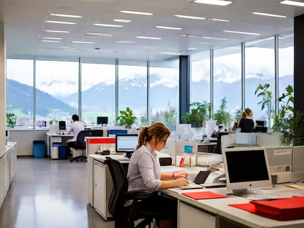 a woman sits at a desk in an office with mountains in the background