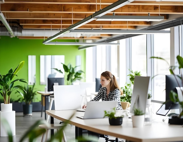 Photo a woman sits at a desk in a room with a laptop and a plant in the corner