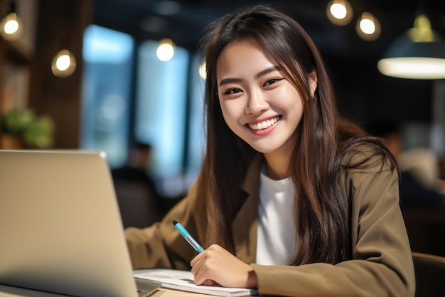 A woman sits at a desk and smiles at the camera.