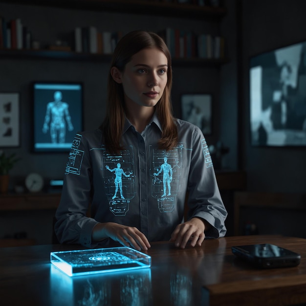 a woman sits at a desk with a blue box with the words the word on it