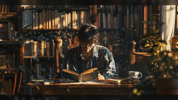 Photo a woman sits at a desk with a book in her hand