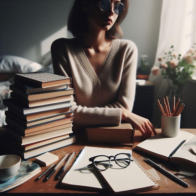 a woman sits at a desk with books and a book titled the word on it