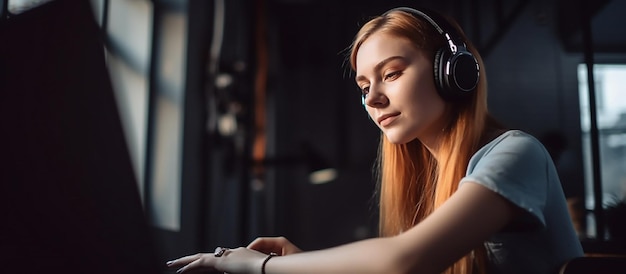 A woman sits at a desk with a computer and wearing headphones.