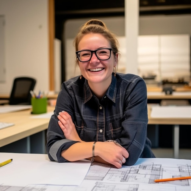 A woman sits at a desk with a drawing of a building.