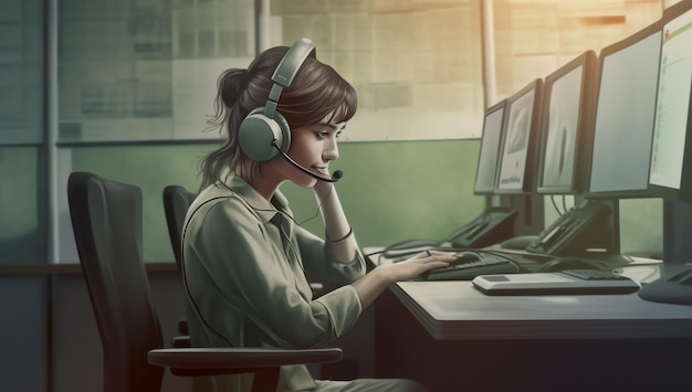 A woman sits at a desk with a headset and a computer screen that says call center