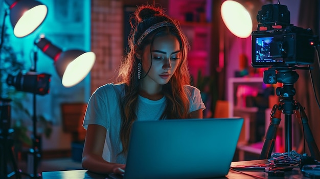 a woman sits at a desk with a laptop and a blue light in the background