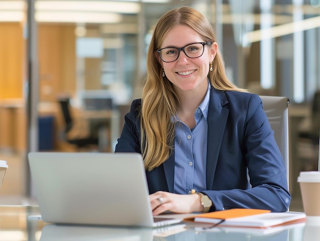 a woman sits at a desk with a laptop and a book on her lap