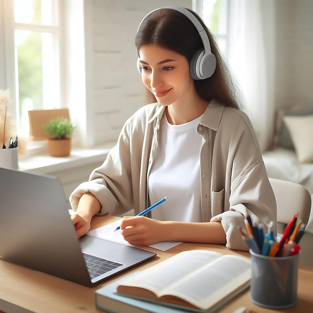 a woman sits at a desk with a laptop and a book with pens and pencils