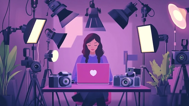 a woman sits at a desk with a laptop and a camera set up with a camera in front of them