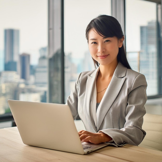 a woman sits at a desk with a laptop and the city behind her