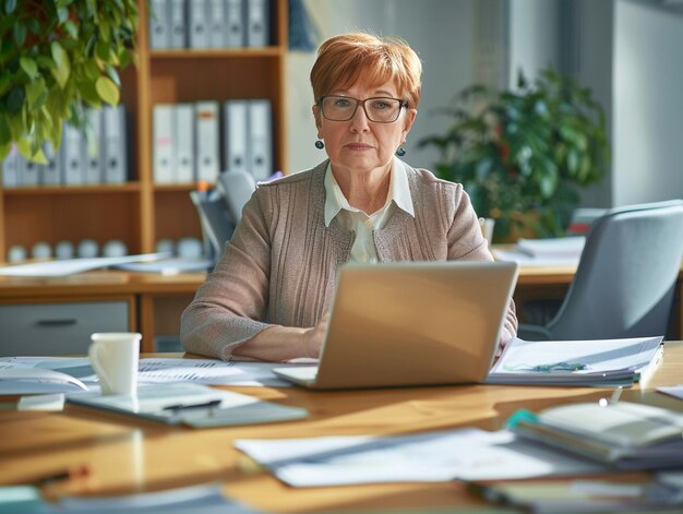 Photo a woman sits at a desk with a laptop and a coffee cup behind her