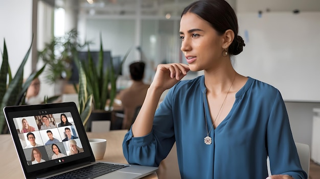 a woman sits at a desk with a laptop and a cup of coffee