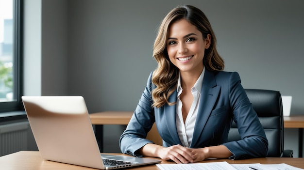 a woman sits at a desk with a laptop and a document that says shes a job