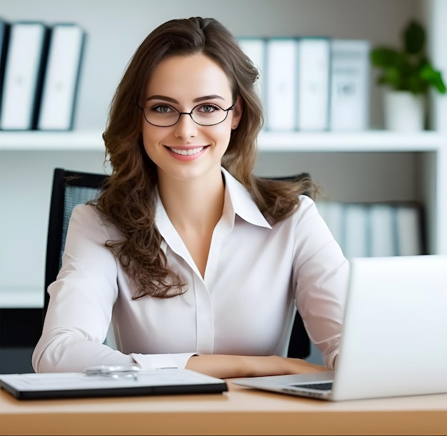 A woman sits at a desk with a laptop and a folder in the background.