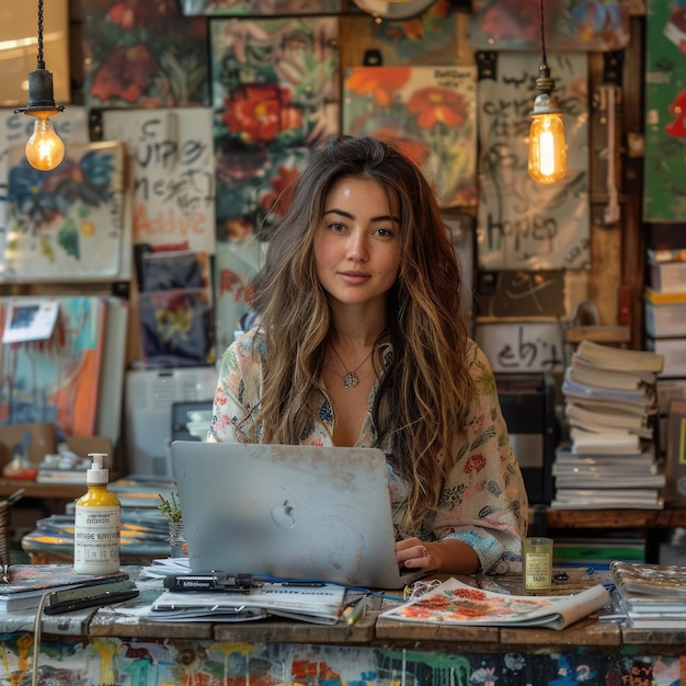 a woman sits at a desk with a laptop and a lot of pictures on it