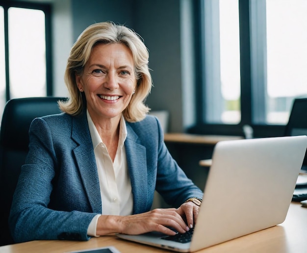 a woman sits at a desk with a laptop and a monitor that says quot she is working on it quot