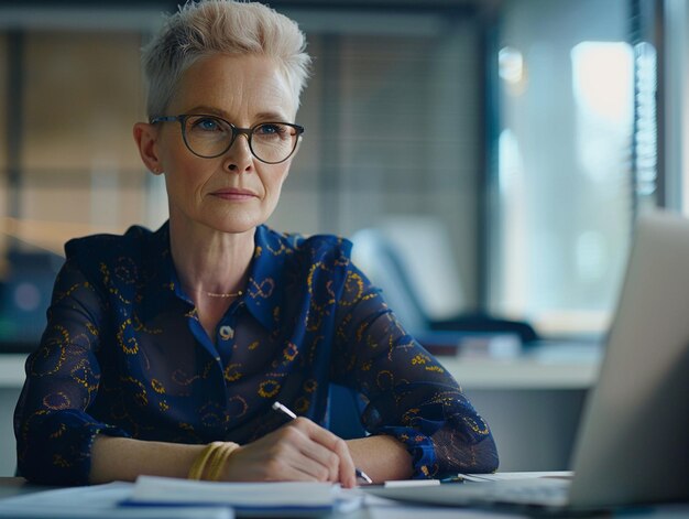 Photo a woman sits at a desk with a laptop and pen in her hand