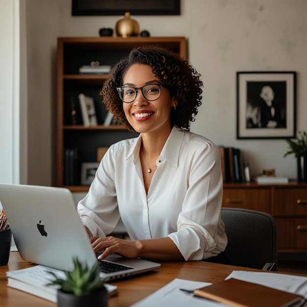 a woman sits at a desk with a laptop and a picture of a woman on her laptop