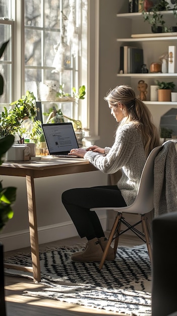 Photo a woman sits at a desk with a laptop and a plant in the background