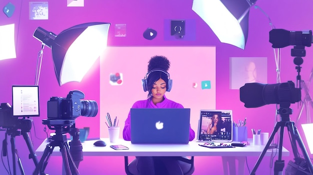 a woman sits at a desk with a laptop and a video camera