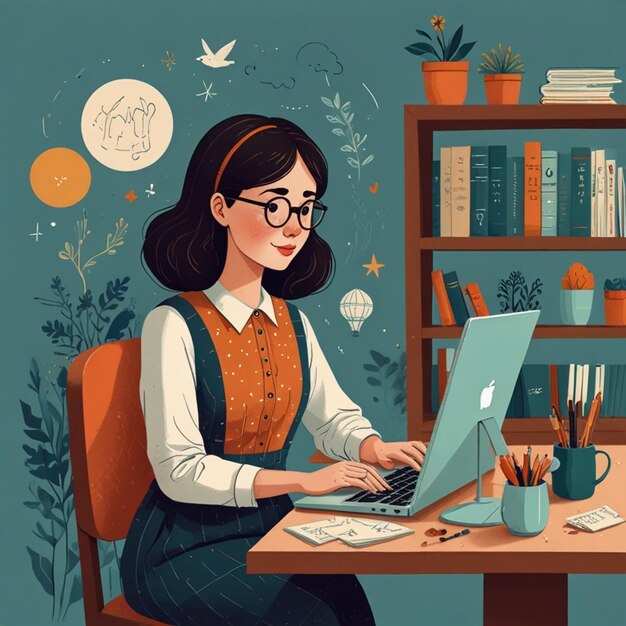 a woman sits at a desk with a laptop whimsical illustration style