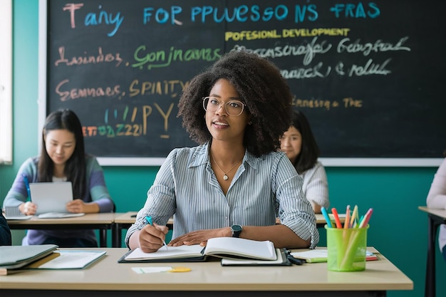 a woman sits at a desk with other students in a classroom