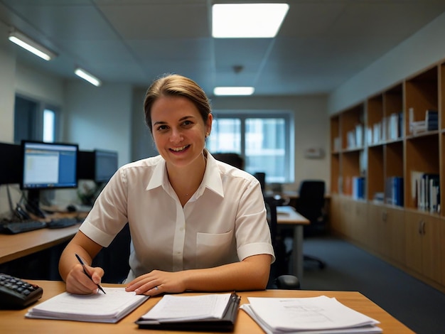 a woman sits at a desk with papers and a pen in her hand