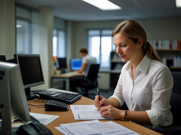 a woman sits at a desk with a pen in her hand and a pen in front of her