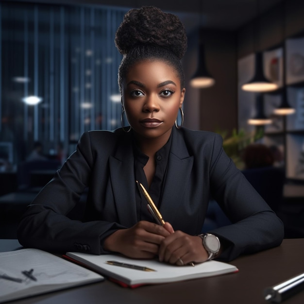 A woman sits at a desk with a pen in her hand and a pen in front of her.