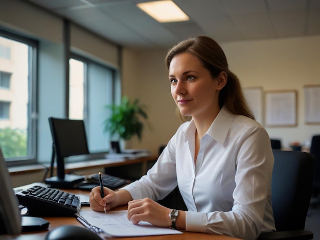 a woman sits at a desk with a pen in her hand