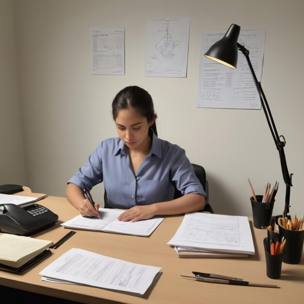 a woman sits at a desk with a pen and paper on it