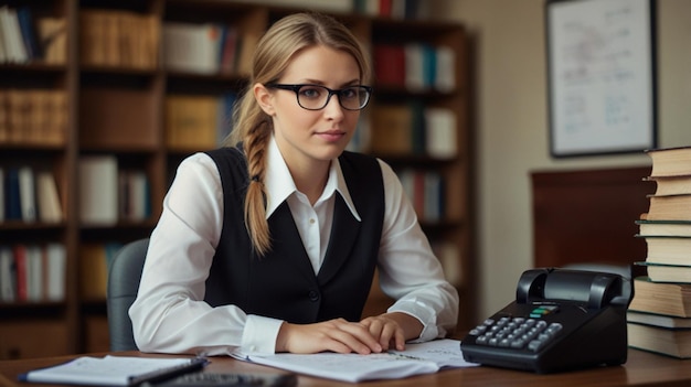 Photo a woman sits at a desk with a phone and a book behind her