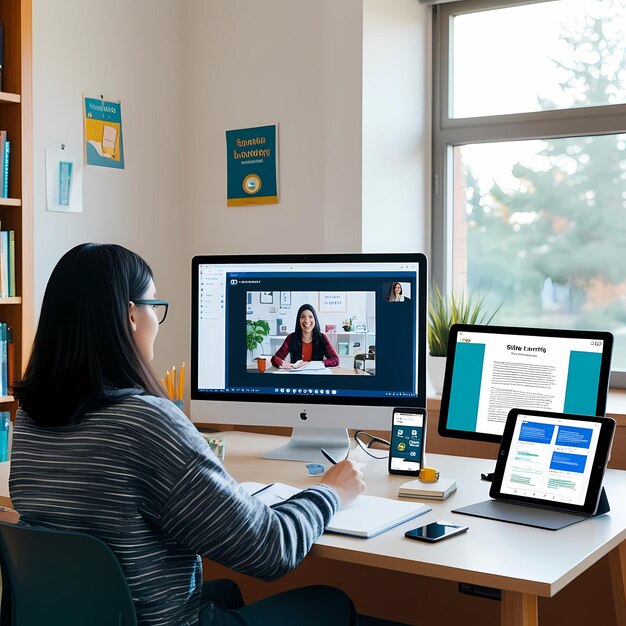 Photo a woman sits at a desk with a poster that says quot the word quot on it