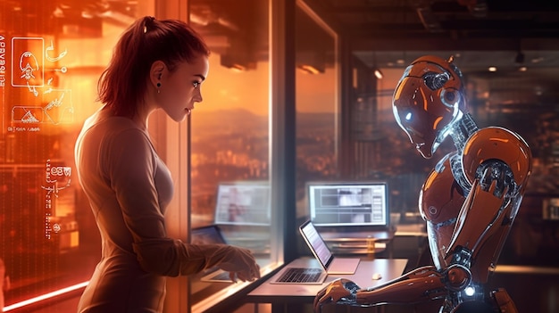 A woman sits at a desk with a robot in front of her.