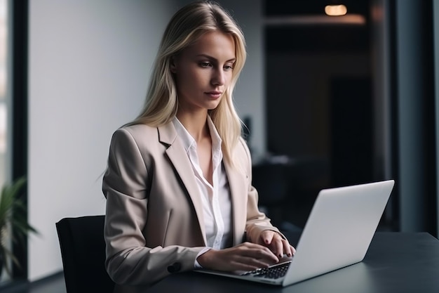 A woman sits at a desk and works on a laptop.