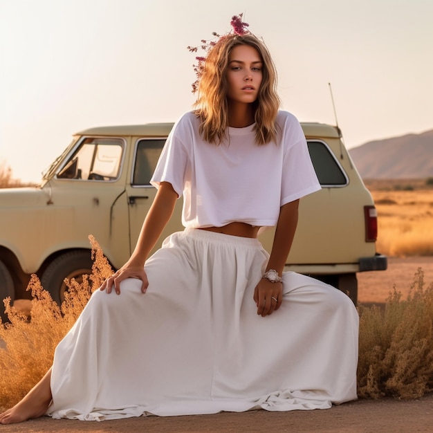 A woman sits on a dirt road with a car in the background.