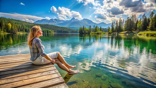 Photo a woman sits on a dock in front of a lake with mountains in the background