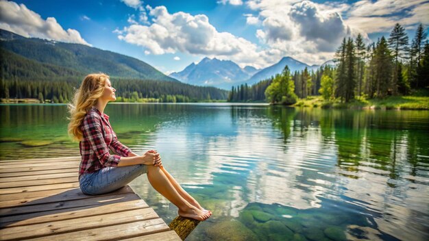 Photo a woman sits on a dock overlooking a mountain lake