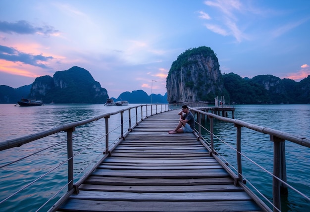 a woman sits on a dock with a boat in the background