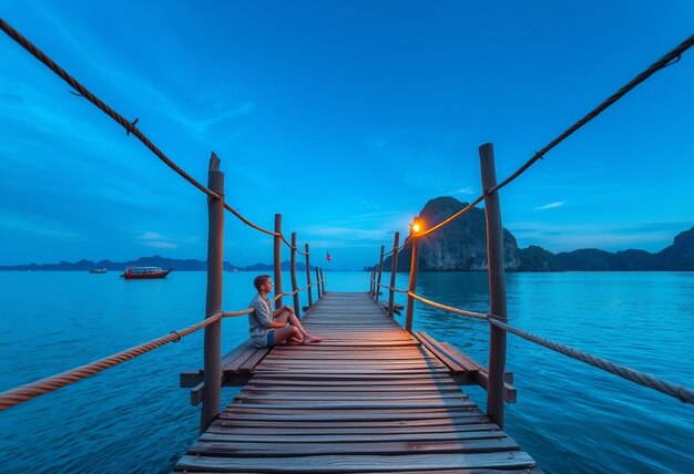 a woman sits on a dock with a boat in the background