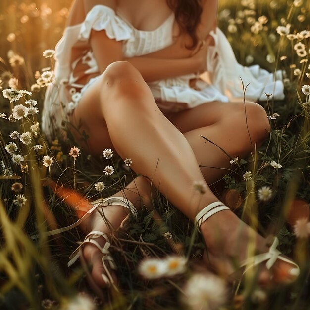 Photo a woman sits in a field of dandelions with her legs crossed