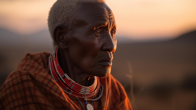 A woman sits in a field at sunset, looking at the camera.