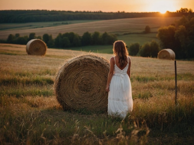 a woman sits in a field with a bale of hay in the foreground