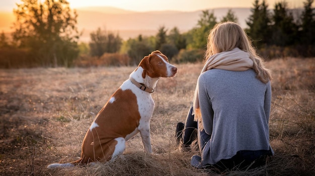 a woman sits in a field with a dog in front of her