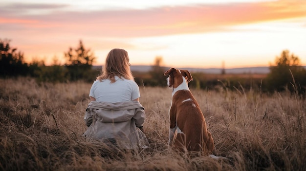 a woman sits in a field with a dog and looks at the sunset