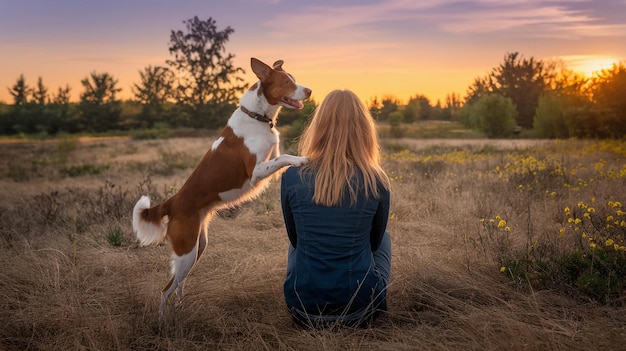 a woman sits in a field with a dog and looks at the sunset