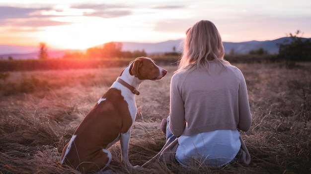 a woman sits in a field with a dog and the sun behind her