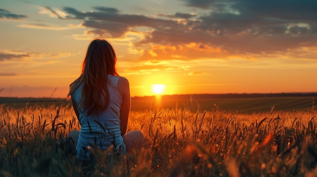 a woman sits in a field with the sun setting behind her back